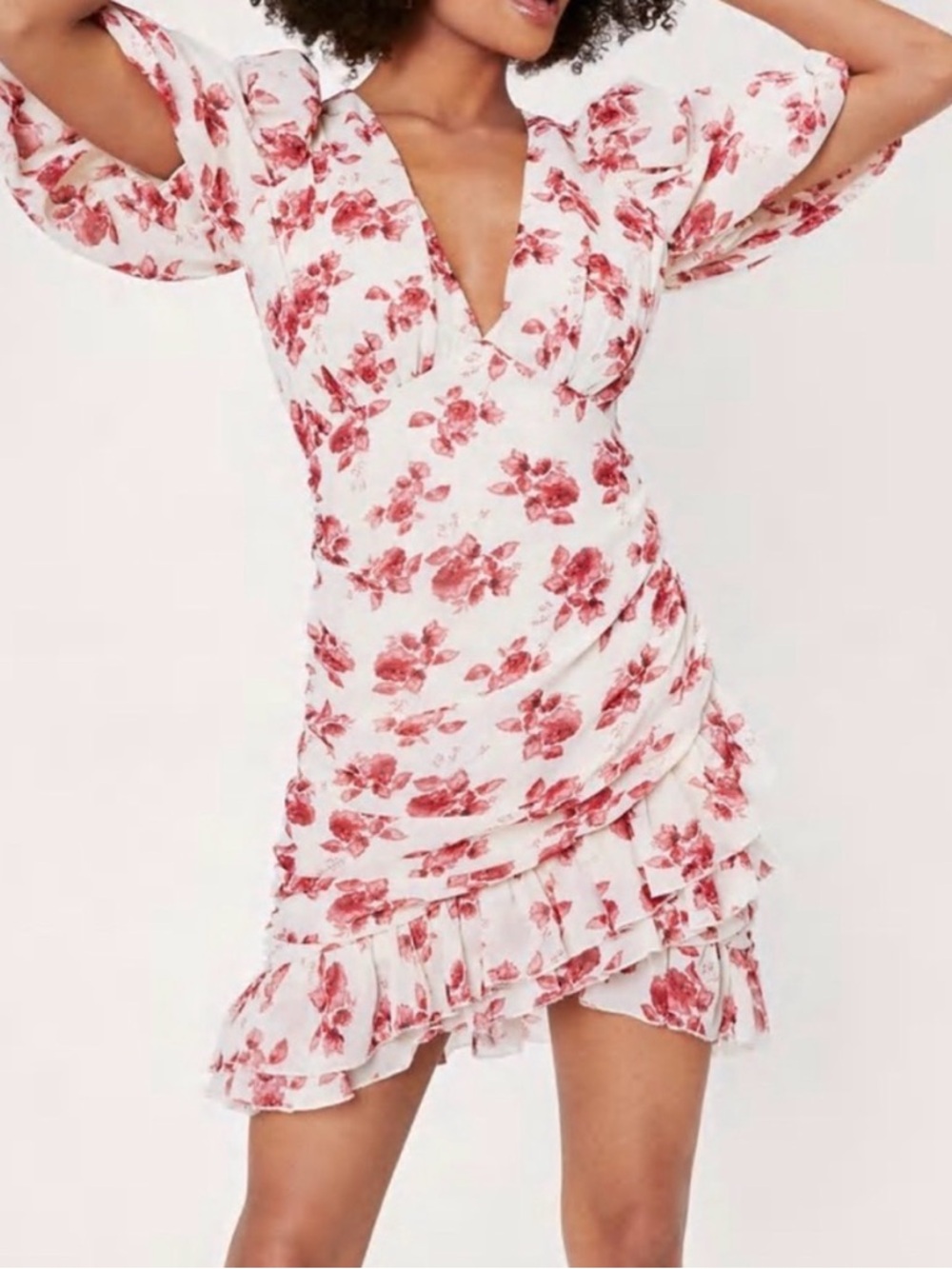 Nasty Gal Floral Puff Sleeve Wrap Mini Dress Pastel Pink Size 4 NWT